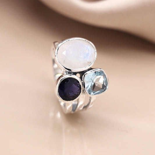POM Sterling Silver Tri-Stone Ring With Moonstone, Iolite & Topaz