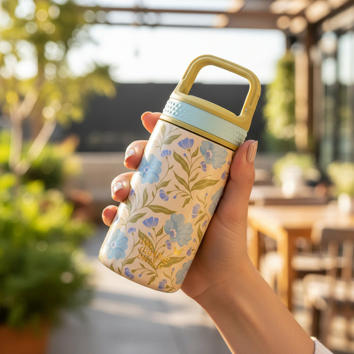 A hand holds The Darling Effect's Poppin' Petals Aqua 6 oz Lil' Bitty Bottle, featuring a floral pattern with a yellow lid—perfect for travel. In the background, an outdoor patio with sunlit tables, chairs, and greenery is visible.