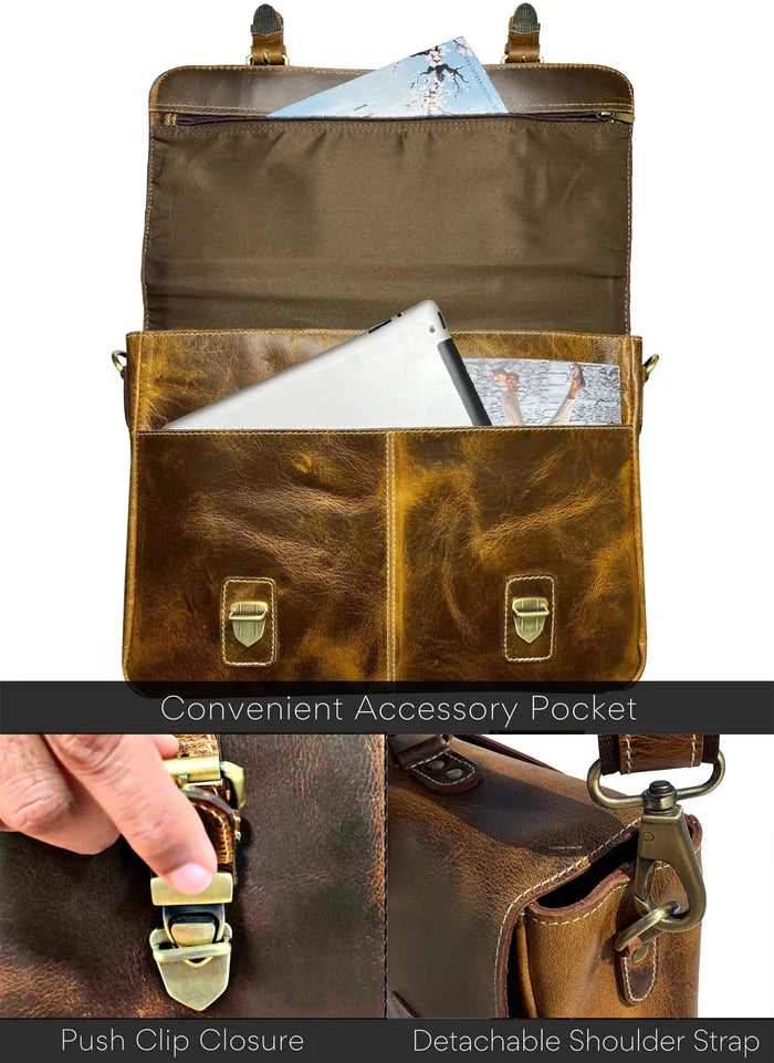 Predator 16" Leather Briefcase Laptop Messenger Bag (Antique Brown)