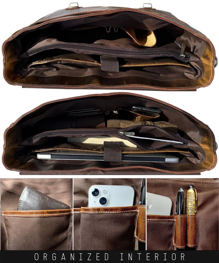 Predator 16" Leather Briefcase Laptop Messenger Bag (Antique Brown)