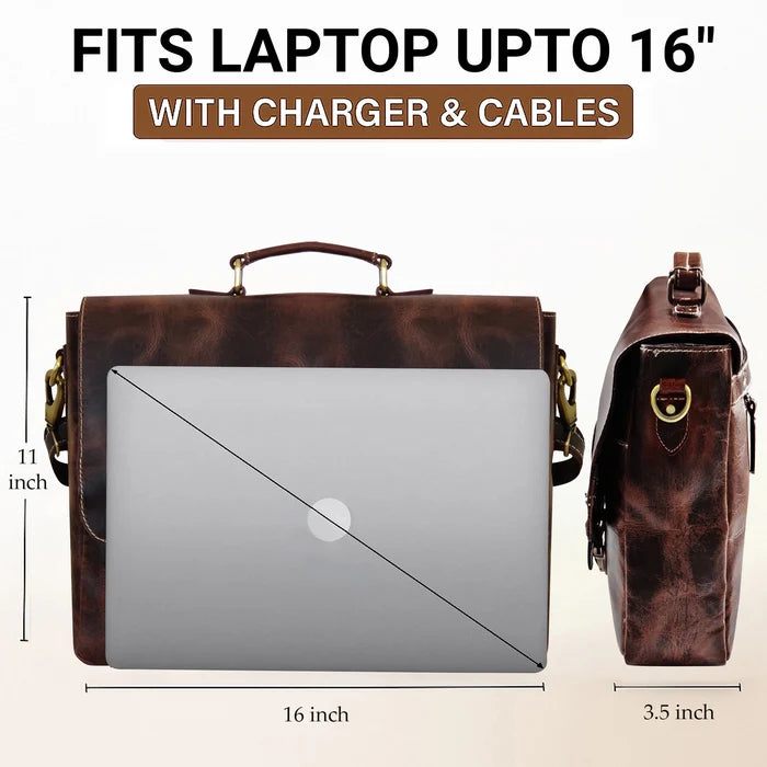 Predator 16" Leather Satchel Laptop Briefcase Bag (Walnut Brown)