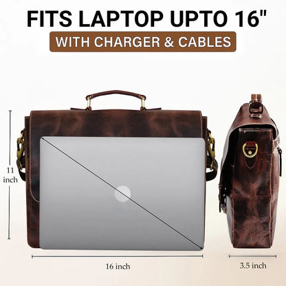 Predator 16" Leather Satchel Laptop Briefcase Bag (Walnut Brown)