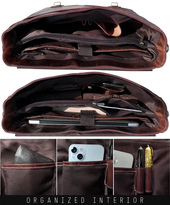 Predator 16" Leather Satchel Laptop Briefcase Bag (Walnut Brown)