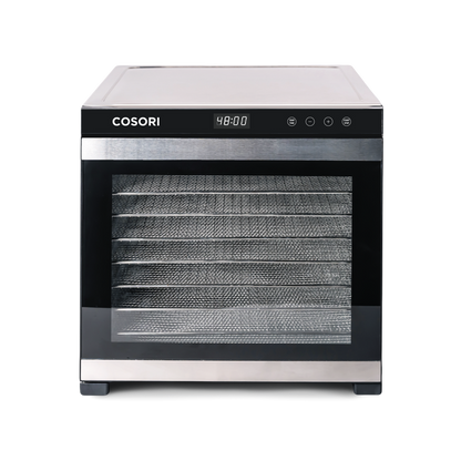 Front view of COSORI Premium Pro 10-Tray Food Dehydrator with stainless steel drying trays