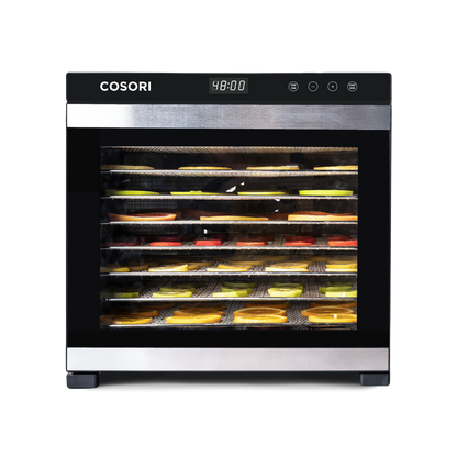 COSORI Premium Pro 10-Tray Food Dehydrator operating with food arranged across trays