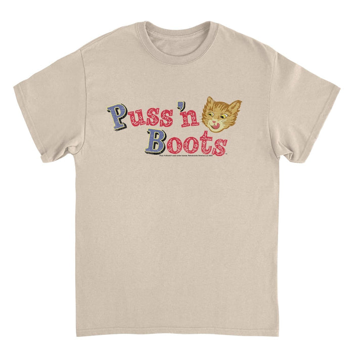 Puss n Boots Distressed Retro Branding Cat Food Sand T-Shirt