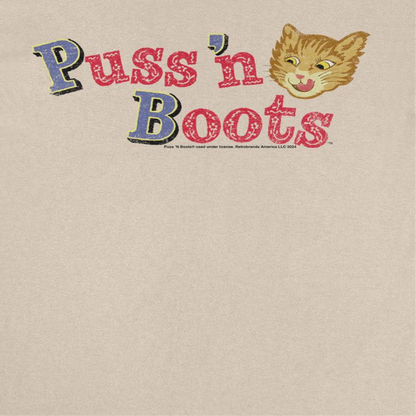 Puss n Boots Distressed Retro Branding Cat Food Sand T-Shirt