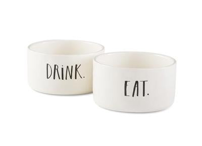 Rae Dunn Stem Print "Eat" and "Drink" Cat or Small Dog Bowls, Set of 2