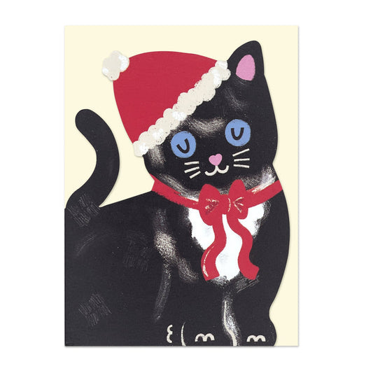 Raspberry Blossom Black & White Kitten Christmas Greetings Card