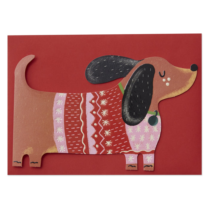 Raspberry Blossom Dachshund Dog In Christmas Jumper Greetings Card
