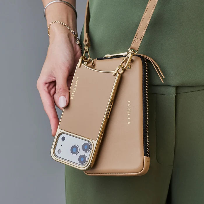 Rayna Chrome Pouch Set - Tan/Chrome Gold