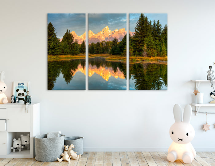 Reflection Of Mountain And Trees On Water Canvas Print #7569
