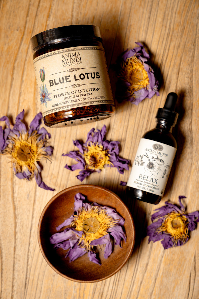 Two products on a wooden surface with dried flowers: a jar labeled 'Blue Lotus' and a bottle labeled 'Relax'.