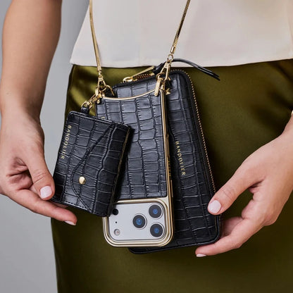 Remi Chain Magnet Wallet Crossbody Phone Case Essentials Set - Black Croc/Gold