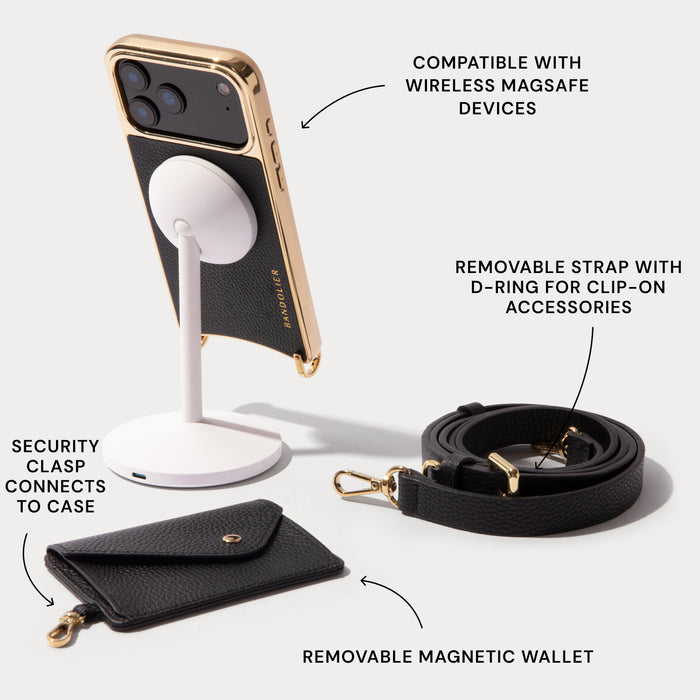 Remi Magnet Wallet Crossbody Phone Case Pouch Set - Black/Chrome Gold