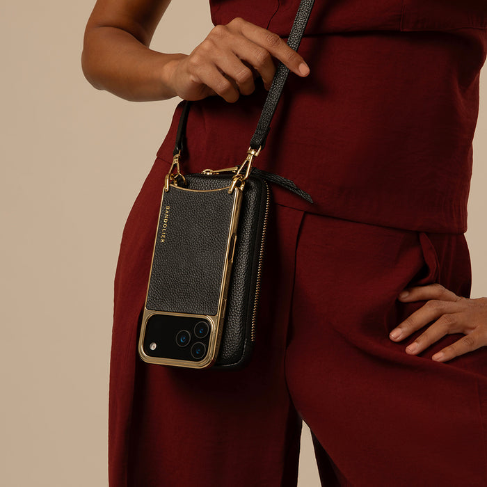 Remi Magnet Wallet Crossbody Phone Case Pouch Set - Black/Chrome Gold