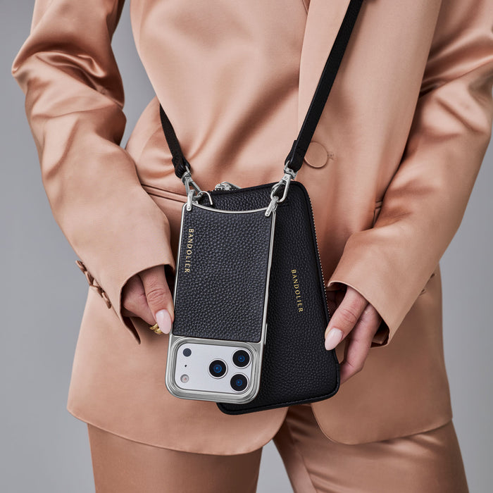 Remi Magnet Wallet Crossbody Phone Case Pouch Set - Black/Chrome Silver