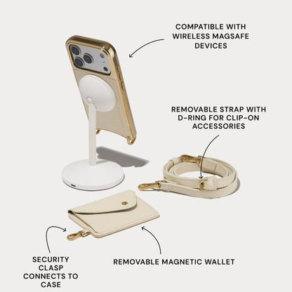 Remi Magnet Wallet Crossbody Phone Case Pouch Set - Ivory/Chrome Gold