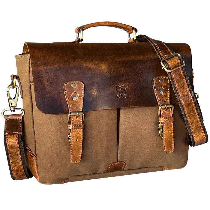 Retro Style Leather Canvas Messenger Bag Briefcase Laptop Bag (Olive Green)