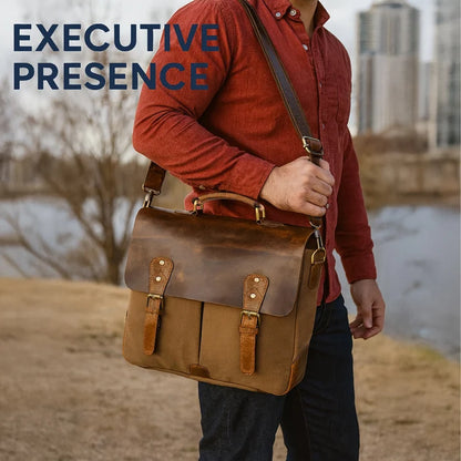 Retro Style Leather Canvas Messenger Bag Briefcase Laptop Bag (Olive Green)