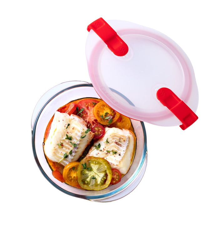 Round glass dish with steam valve lid - Cook & Heat