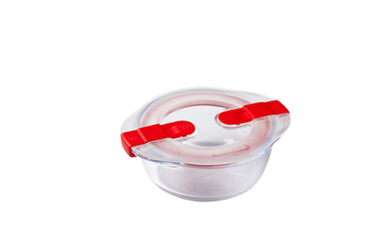 Round glass dish with steam valve lid - Cook & Heat