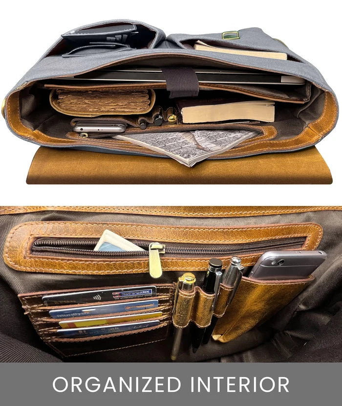 Rover Leather Canvas Messenger Bag Briefcase Laptop Bag (Dark Grey)