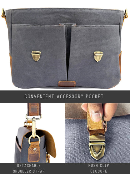Rover Leather Canvas Messenger Bag Briefcase Laptop Bag (Dark Grey)