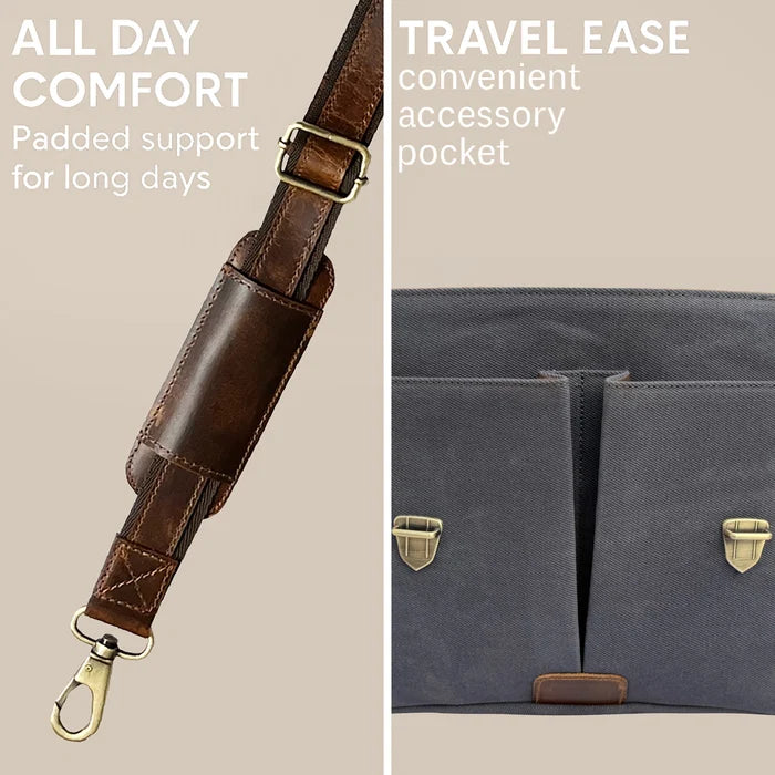 Rover Leather Canvas Messenger Bag Briefcase Laptop Bag (Dark Grey)