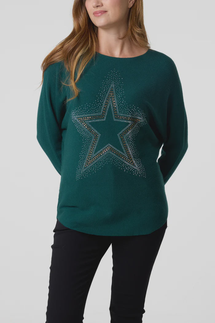 Sequin Star Fine Knit Jumper - Green