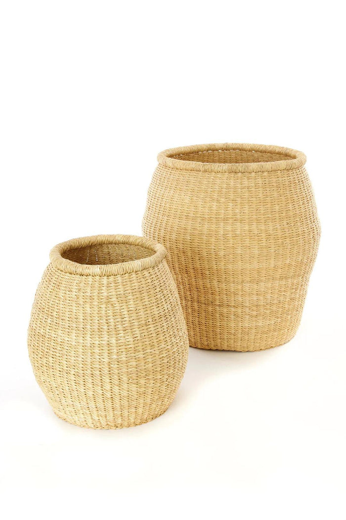 Set of 2 Tall Handwoven Barrel Storage Baskets, Elephant Grass, Fair Trade & Eco-Friendly