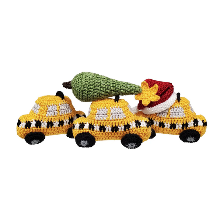 Set of 3 Hand Crochet Yellow Taxi Ornaments, Fair Trade from Armenia