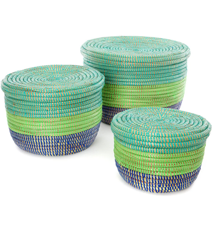 Set of 3 Handwoven Blue & Green Nesting Storage Baskets, Fair Trade