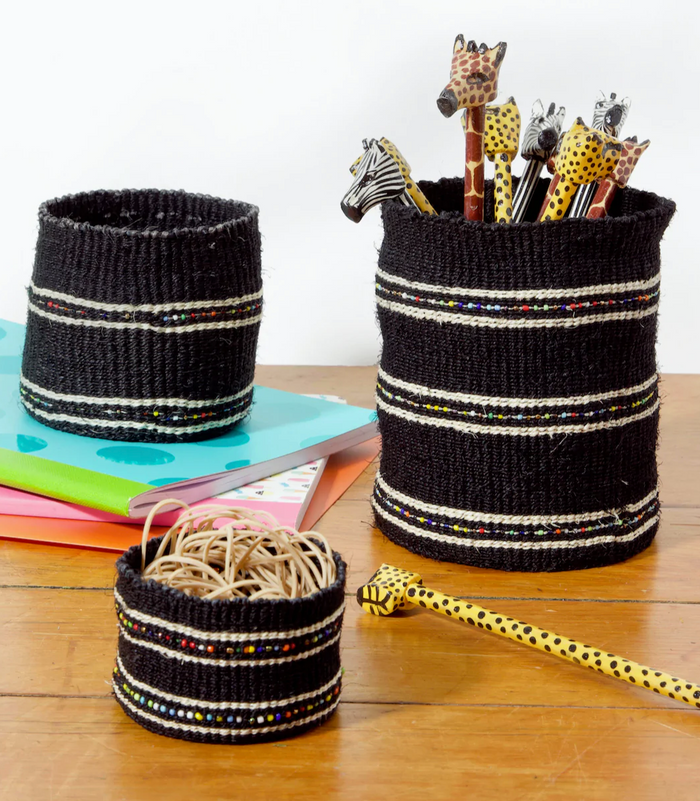 Set of 3 Small Desktop Handwoven Black Beaded Baskets, Kenya, Fair Trade