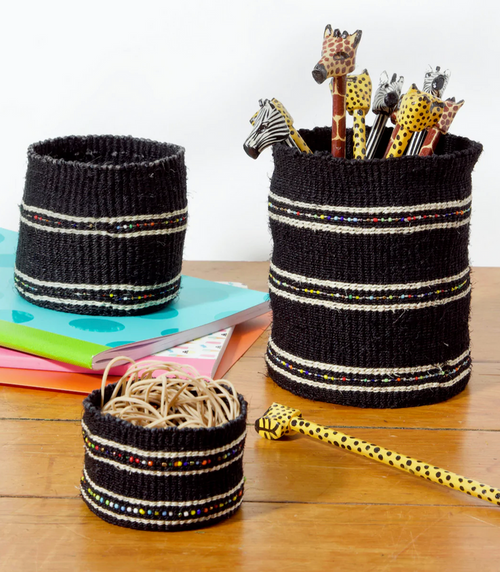 Set of 3 Small Desktop Handwoven Black Beaded Baskets, Kenya, Fair Trade