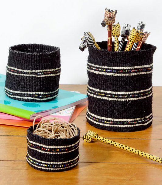 Set of 3 Small Desktop Handwoven Black Beaded Baskets, Kenya, Fair Trade
