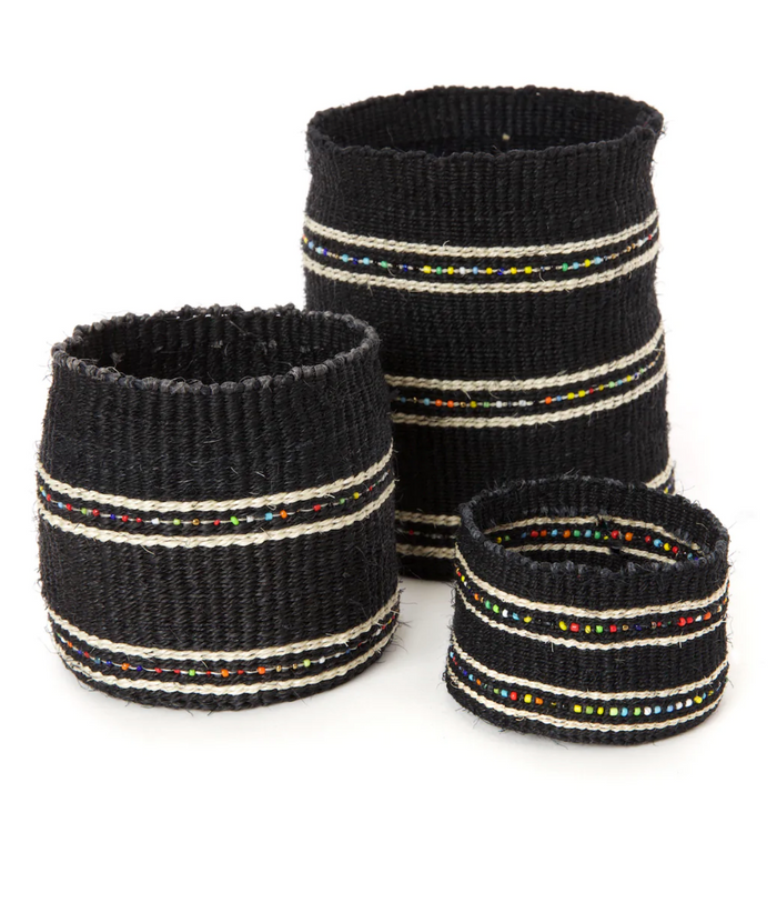 Set of 3 Small Desktop Handwoven Black Beaded Baskets, Kenya, Fair Trade