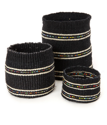 Set of 3 Small Desktop Handwoven Black Beaded Baskets, Kenya, Fair Trade
