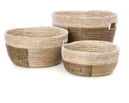 Set of Three Handwoven Brown & White Nesting Sewing Baskets, Fair Trade - Give Back Goods