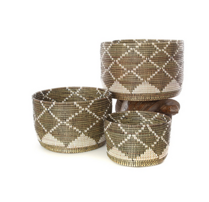 Set of Three Handwoven Cattail Diamond Nesting Baskets, Fair Trade