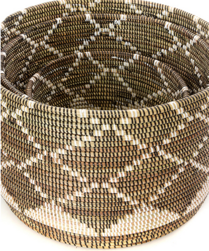 Set of Three Handwoven Cattail Diamond Nesting Baskets, Fair Trade