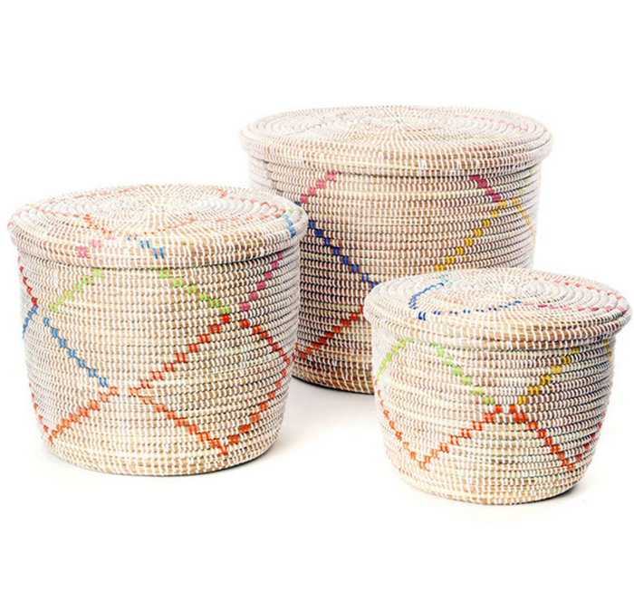 Set of Three Handwoven White Storage Baskets with Rainbow Diamonds, Fair Trade