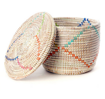 Set of Three Handwoven White Storage Baskets with Rainbow Diamonds, Fair Trade
