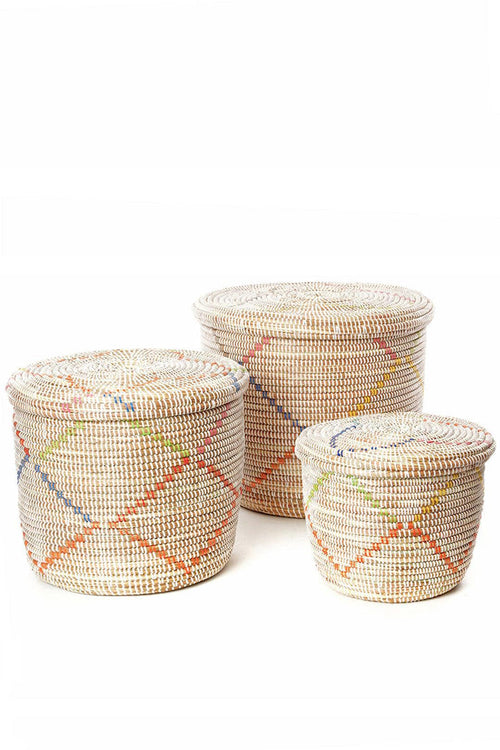 Set of Three Rainbow Garland Lidded White Storage Baskets, Fair Trade, Senegal