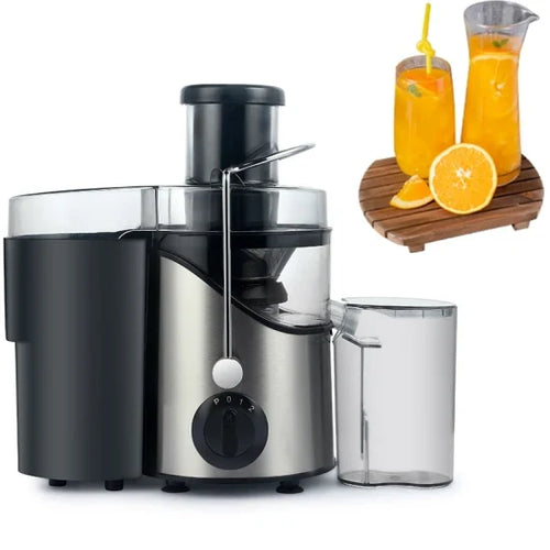 A Spark Line Power Juicer with a 300 Watt motor, displayed alongside a glass of orange juice and a halved orange, indicating its use for juicing fruits.