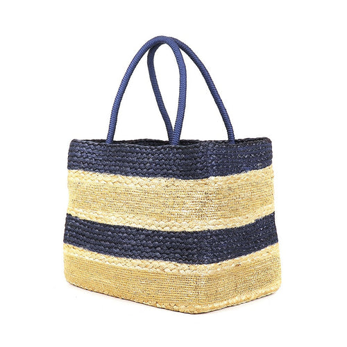 Square Jute Striped Basket - Navy