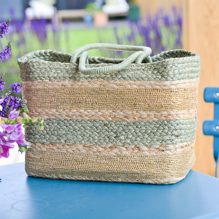 Square Jute Striped Basket - Sage