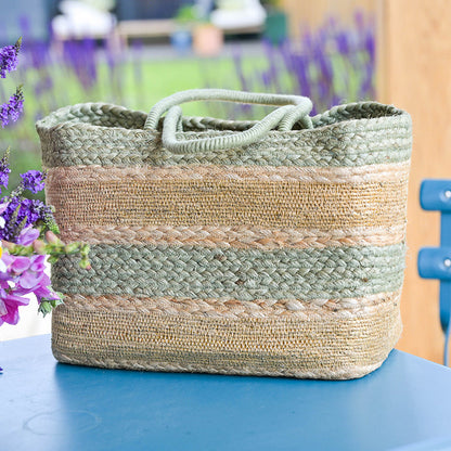 Square Jute Striped Basket - Sage