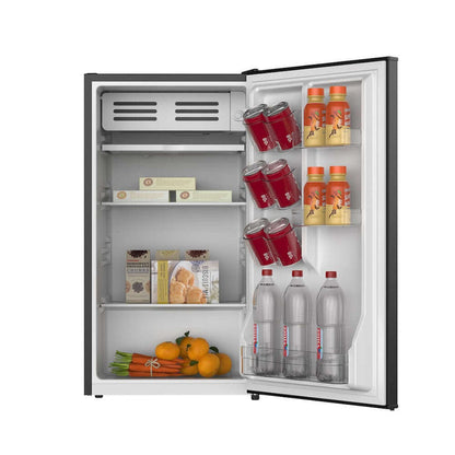 TCL 18 in. 3.1 Cu. Ft. Compact Single Door Mini Fridge in Black (TRM31S4AB) with open door displaying drinks, fruits, and vegetables on a white background