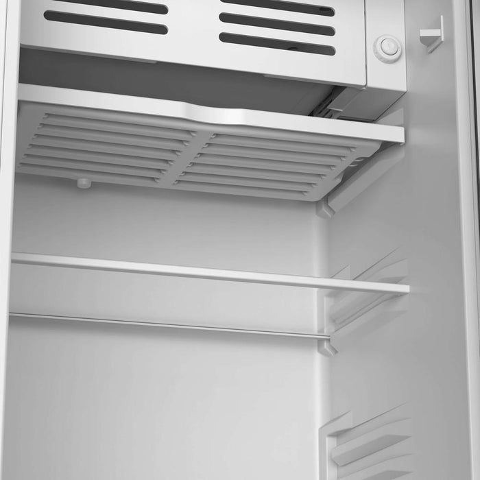 TCL 18 in. 3.1 Cu. Ft. Compact Single Door Mini Fridge in Black (TRM31S4AB) interior with shelves and air vents.